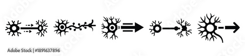 Stylized icon set of a  neural signal transfer on white background. Machine learning silhouette Icons in solid and silhouette versions.