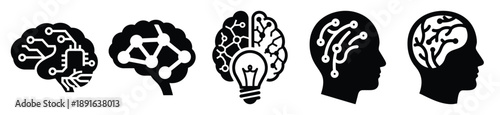 Stylized icon set of a  neural smart intelligence on white background. Machine learning silhouette Icons in solid and silhouette versions.