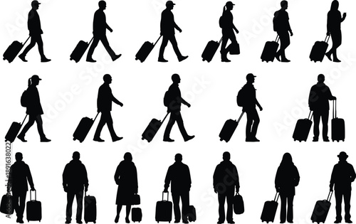 Set of black silhouettes showing travelers walking with suitcases and luggage, tourists in transit, cad drawing flat vector illustration isolated on white