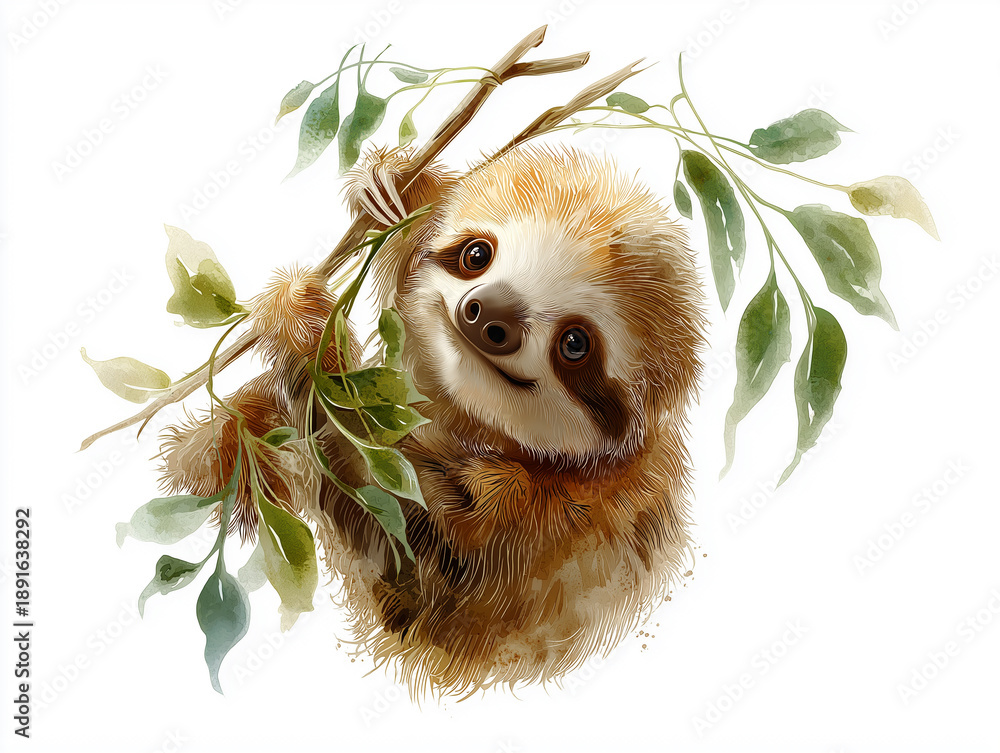 Fototapeta premium AI Generated: Cute baby sloth hanging on a tree branch with green leaves.