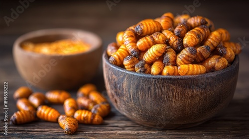 A Rustic Display Of Seasoned Silkworm Pupae In A Wooden Bowl