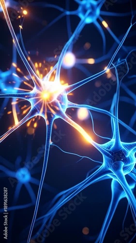 Abstract visualization of glowing blue neurons transmitting electrical impulses against a dark background