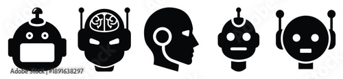 Stylized icon set of a  smart robot head on white background. Machine learning silhouette Icons in solid and silhouette versions.
