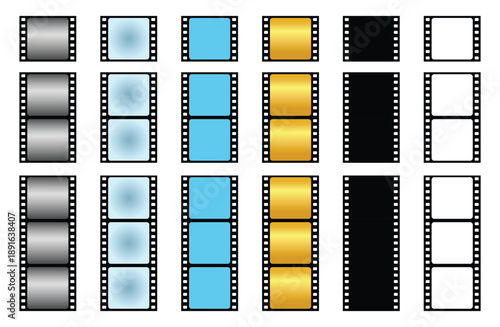 Film strip, film reel movie vector art. colorful movie tape design, cinema frame border elements for video editing, photography, retro film reel decoration.