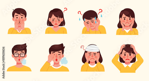 Vector illustration of diverse people expressing discomfort emotions like stress sadness illness confusion headache and fatigue in yellow clothing