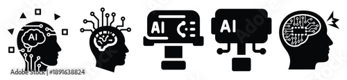 Stylized icon set of a  ai cognitive processing on white background. Machine learning silhouette Icons in solid and silhouette versions.