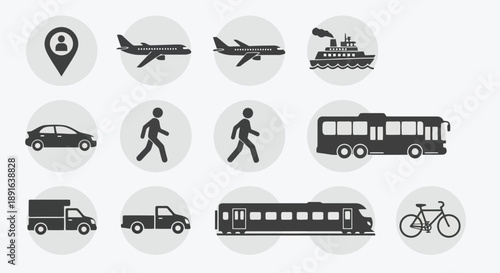 Collection of minimalist transportation and travel icons including vehicles, walking, and location symbols in monochrome design
