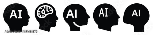 Stylized icon set of a  ai computing mind on white background. Machine learning silhouette Icons in solid and silhouette versions.