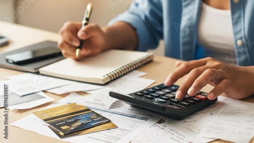 Person calculating expenses with credit cards and paperwork on a desk