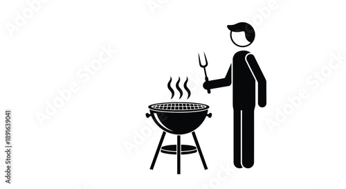 Chef in silhouette grilling food on an outdoor barbecue with rising smoke during a sunny day