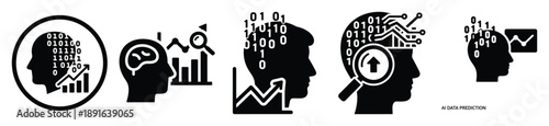 Stylized icon set of a  ai data prediction on white background. Machine learning silhouette Icons in solid and silhouette versions.