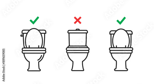 Set of three minimalist icons showing correct and incorrect toilet paper roll placement on wall-mounted holders