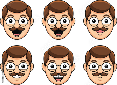 Man with mustache and glasses facial expression set with different emotions including happy laughing talking and confused for character avatar design vector illustration