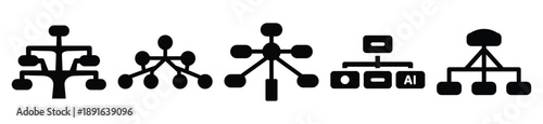 Stylized icon set of a  ai decision tree on white background. Machine learning silhouette Icons in solid and silhouette versions.