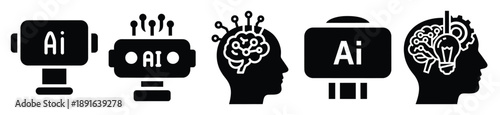 Stylized icon set of a  ai intelligent computing on white background. Machine learning silhouette Icons in solid and silhouette versions.
