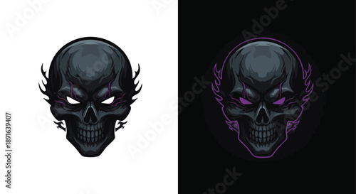 Two stylized black skull illustrations with glowing eyes, one on white and one on dark background, featuring purple accents and a menacing design.