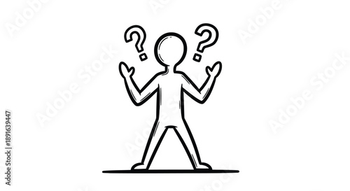 Confused person with raised arms and question marks symbolizing uncertainty and decision-making challenges in life