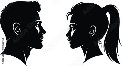 Black and white silhouette of man and woman facing each other man, woman, silhouette, black and white, profile, faces, couple, people, white background, hair, ponytail, side view, black, white, facing