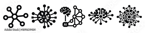 Stylized icon set of a  ai learning network on white background. Machine learning silhouette Icons in solid and silhouette versions.
