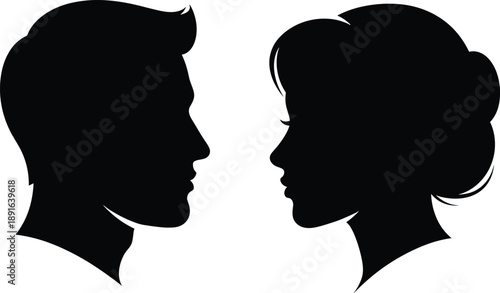 Black silhouettes of a man and woman facing each other silhouettes, black, white background, man, woman, couple, faces, profiles, side view, hair, relationship, love, romance, facing, each, other, sil