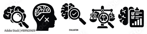 Stylized icon set of a  ai model evaluation on white background. Machine learning silhouette Icons in solid and silhouette versions.