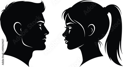 Black silhouette of man and woman facing each other man, woman, couple, silhouettes, black, white background, profile, faces, people, side view, hair, ponytail, silhouette, facing, each, other, having