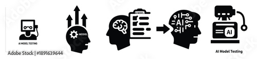 Stylized icon set of a  ai model testing on white background. Machine learning silhouette Icons in solid and silhouette versions.