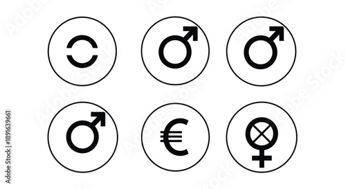 Set of six minimalist black gender and currency icons including male female transgender euro and non-binary symbols for design and identity