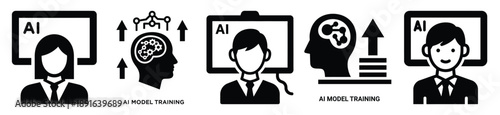 Stylized icon set of a  ai model training on white background. Machine learning silhouette Icons in solid and silhouette versions.