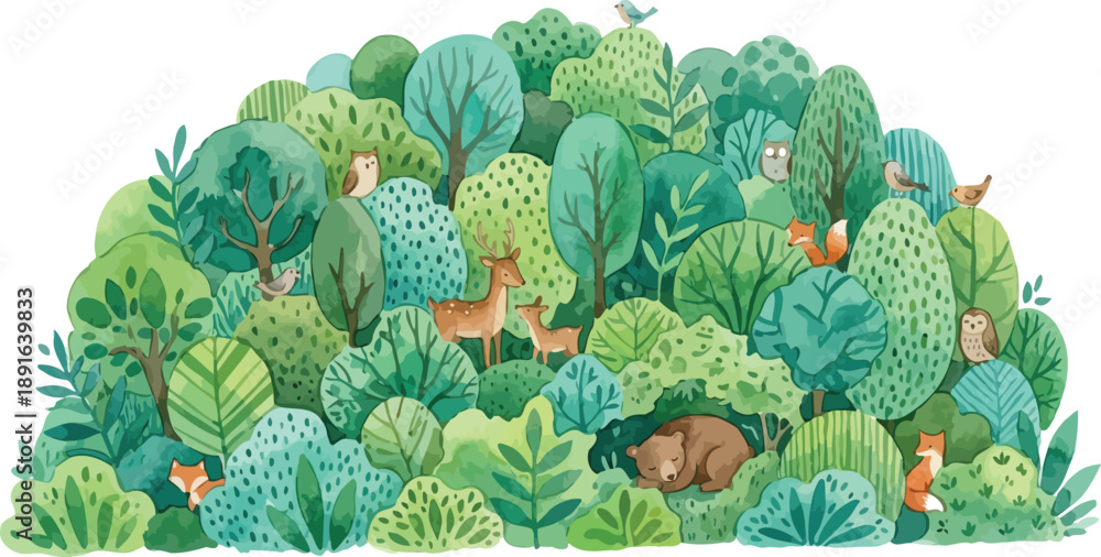 Fototapeta premium Watercolor Forest Landscape with Animals Hand Painted Nature Illustration
