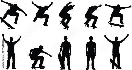 Set of skateboarder silhouettes performing ollies and tricks, urban skater character poses for CAD drawing, flat vector illustration isolated on white background.