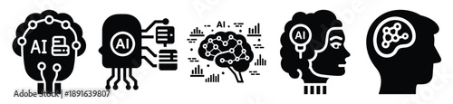 Stylized icon set of a  ai neural data on white background. Machine learning silhouette Icons in solid and silhouette versions.