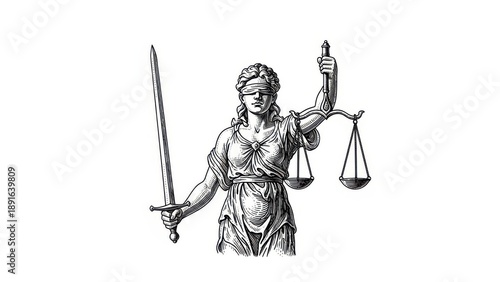 Engraving of the allegorical figure of Justice holding a sword and scales isolated on transparent background