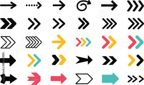 Mega set of minimalist arrow icons in various styles including bold flat colorful and outline designs for web navigation mobile app UI and infographic elements.