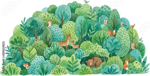 Watercolor Forest Landscape with Animals Hand Painted Nature Illustration