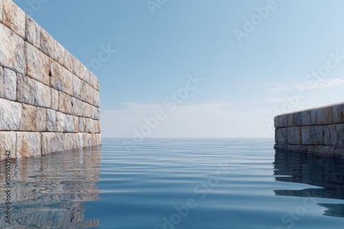 Stone walls meet placid sea under a clear sky