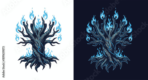 Mystical gnarled tree with vibrant blue flames on its branches and roots, presented on both light and dark backgrounds in a detailed illustration style.