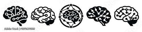 Stylized icon set of a  ai neural intelligence on white background. Machine learning silhouette Icons in solid and silhouette versions.