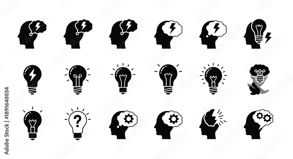 Obraz premium Creative thinking and innovation concepts illustrated by human silhouettes with glowing light bulb icons for ideas and solutions