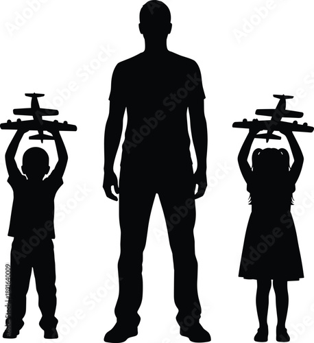 Silhouette of father standing between son and daughter holding toy airplanes above heads, family travel concept, fatherhood and childhood dreams, flat vector illustration