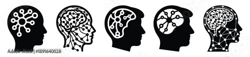 Stylized icon set of a  ai neural processing on white background. Machine learning silhouette Icons in solid and silhouette versions.