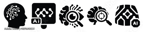 Stylized icon set of a  ai pattern recognition on white background. Machine learning silhouette Icons in solid and silhouette versions.