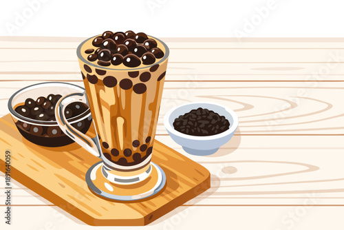 Iced bubble tea served with a generous portion of dark tapioca pearls in a clear glass dish.
