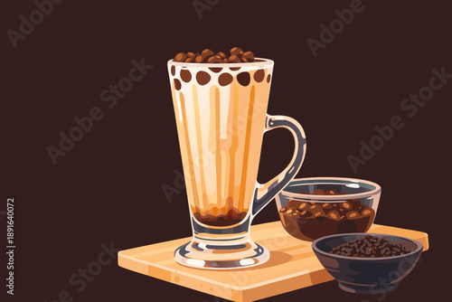 Deep brown sugar bubble tea with a rich milk swirl and dark pearls served on a rustic wooden board.