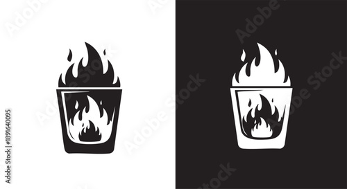 Monochromatic vector illustration of a flaming shot glass, presented in both black-on-white and white-on-black versions, symbolizing potent spirits.