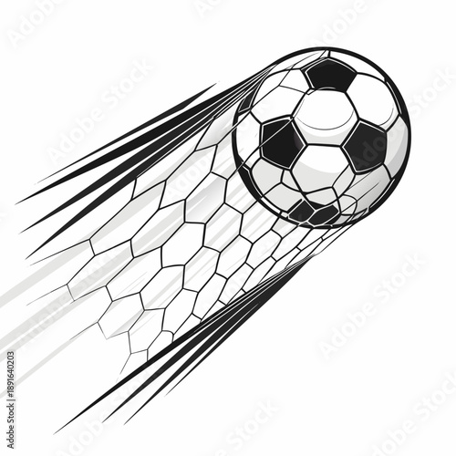 Soccer ball inside goal net on white background