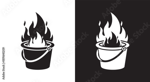 Two graphic illustrations of a bucket with fire, one black on white and one white on black, symbolizing heat or danger.