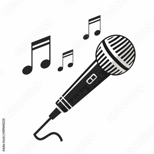 A simple vector illustration of a black microphone isolated on a white background for music, audio, and broadcasting use