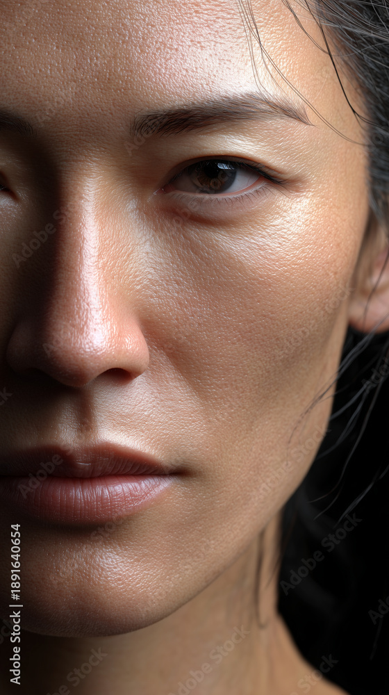 Obraz premium Close-up asian woman face with natural skin texture and pores, realistic beauty portrait with soft light and minimal makeup for skincare ads, dermatology, cosmetics branding and retouching concepts