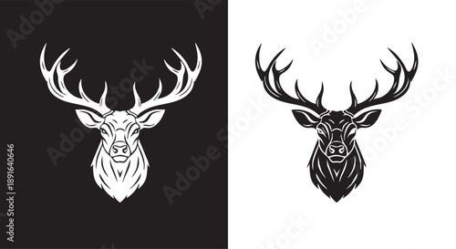 Two stylized deer heads with majestic antlers, one white on black and one black on white, facing forward in a symmetrical design.